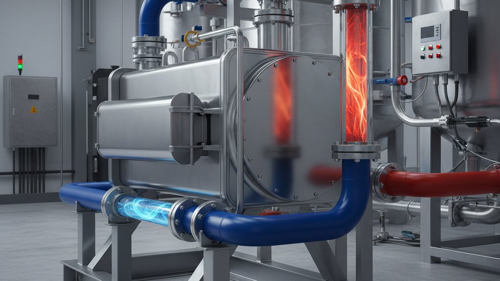 מחליף חום פלטות מודרני מנירוסטה, מותקן במתקן תעשייתי, עם צנרת כחולה ואדומה המחוברת אליו, הממחישה זרימת נוזלים חמים וקרים. הרקע מציג ציוד תעשייתי נוסף.