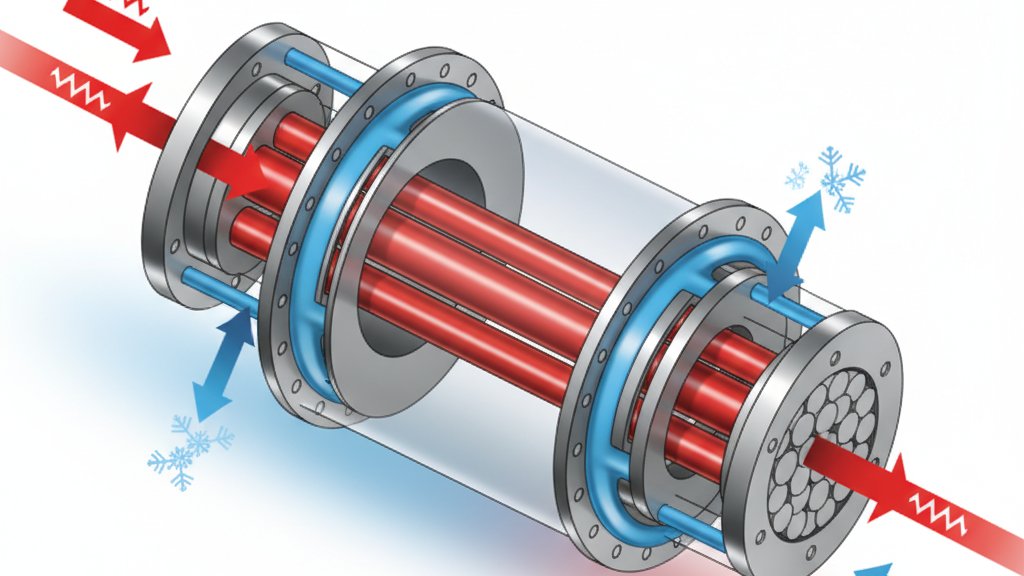 חתך מודגם של מחליף חום צינורות וקליפה, המציג בבירור את צרור הצינורות בתוך המעטפת ואת כיווני הזרימה של שני הנוזלים (אחד אדום וחם, השני כחול וקר) עוברים דרכו.