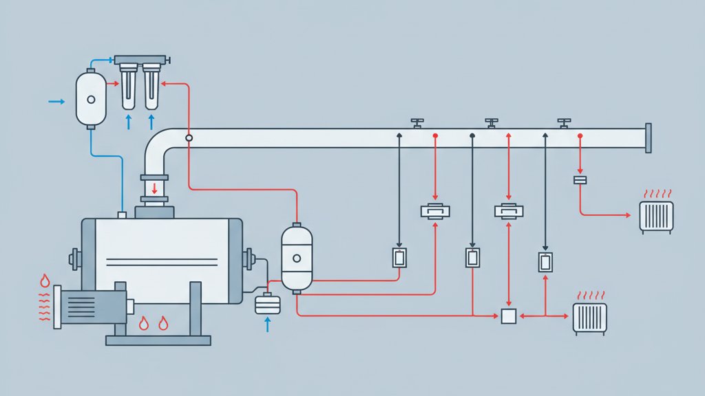 איור סכמטי של מערכת קיטור תעשייתית שלמה הכוללת דוד קיטור, מבער, יחידת טיפול במים, צינורות הפצה ומלכודות קיטור, עם חצים המציגים את כיוון זרימת המים והקיטור.