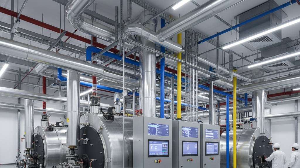 תמונה של חדר דוודים תעשייתי נקי ומודרני, עם מספר דודי קיטור גדולים, צנרת מורכבת וציוד בקרה דיגיטלי.