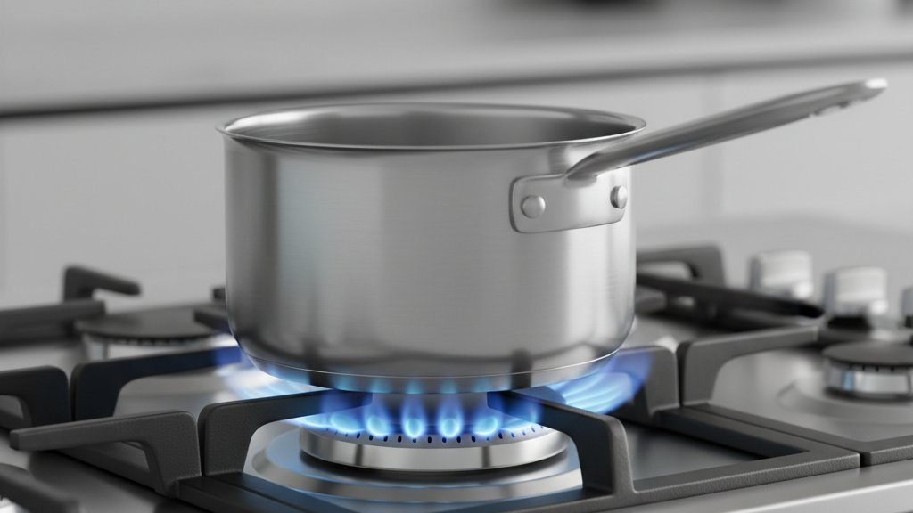 מבט תקריב על להבות כחולות בוהקות של מבער גז מודרני מנירוסטה מובנה בכיריים מטבח, עם אובייקט מתכת המונח מעליו, המדגיש את יעילות הבעירה והעיצוב הנקי.