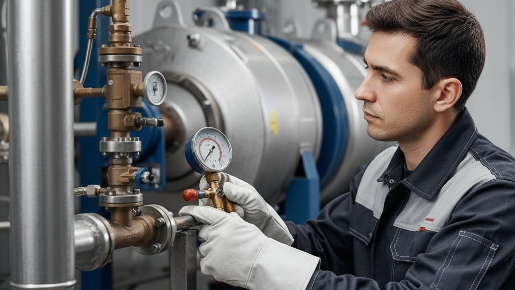 טכנאי גז מוסמך במדים, חובש כפפות מגן, בודק בזהירות חיבורי צינור גז עם מד לחץ, על רקע ציוד תעשייתי כבד, המדגיש את חשיבות הבטיחות והמקצועיות בתחזוקת מערכות גז.