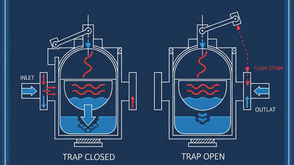 דיאגרמה סכמטית של מלכודת קיטור מכנית מסוג דלי הפוך, המציגה את זרימת הקיטור והקונדנסט ואת מנגנון הפעולה של השסתום.