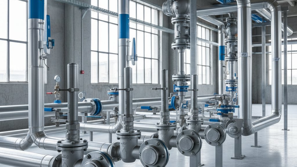 מגוון מלכודות קיטור תעשייתיות מותקנות על צנרת קיטור, עם דגש על סוגים שונים כמו דיסק, תרמוסטטי וצף, בסביבה תעשייתית.