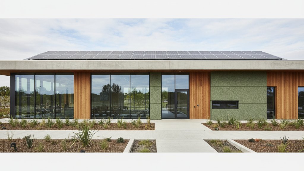 מבנה מודרני עם קירות ירוקים, חלונות גדולים ומערכת פאנלים סולאריים על הגג, המדגיש אדריכלות בת קיימא והתייעלות אנרגטית.
