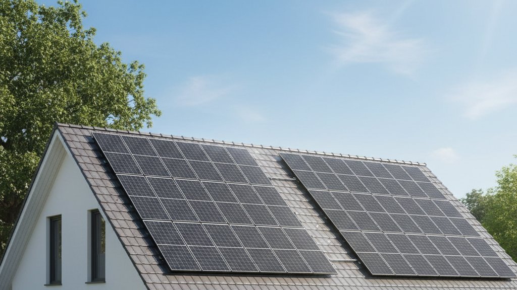 דוגמה לפאנלים סולאריים המותקנים על גג בית פרטי, עם רקע של שמיים כחולים, המדגיש ייצור אנרגיה מתחדשת לשימוש ביתי.